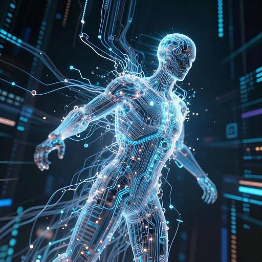 Digital CGI of a glowing, blue, wireframe human figure with neon circuit lines in a futuristic, dark cityscape background.