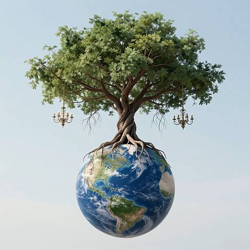 Photorealistic digital art of a tree with roots embedded in a floating Earth, against a clear blue sky, featuring intricate branches and small chandeliers