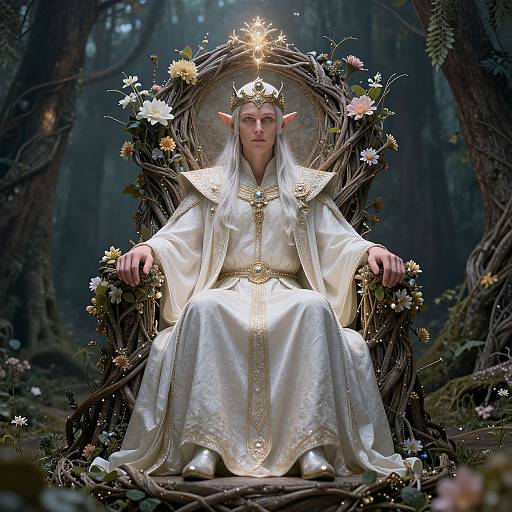 Digital fantasy art of a white-robed elven monarch with pointed ears, seated on a floral throne in a dark, enchanted forest.
