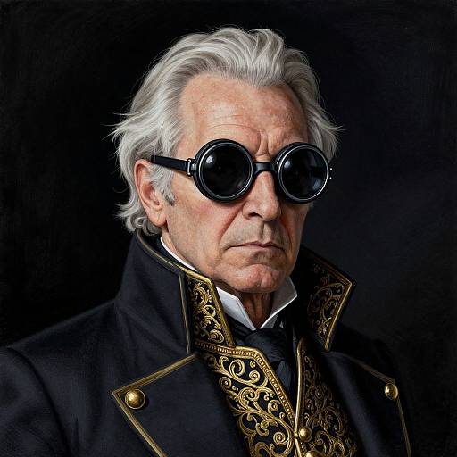Photorealistic digital portrait of an elderly white man with white hair, wearing black circular sunglasses, a black military-style coat with gold embroidery, and a