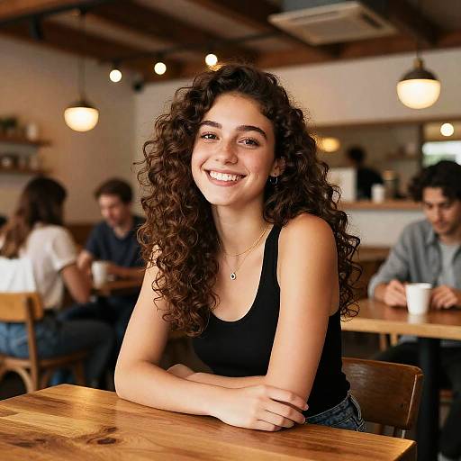 Photograph of a smiling young woman with curly brown hair, wearing a black tank top, leaning on a wooden table in a cozy, warmly lit café