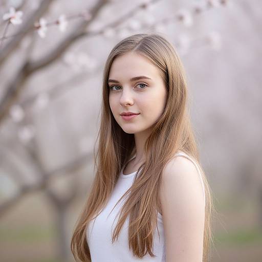 Photograph of a young Caucasian woman with long brown hair, wearing a white sleeveless top, standing outdoors against a blurred, blooming tree background.