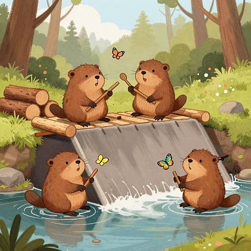 Cheerful Beavers Building Dam