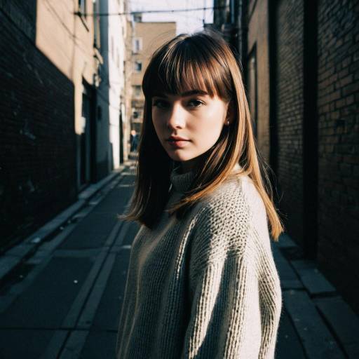 Young Woman with Side Swept Bangs in Urban Alley