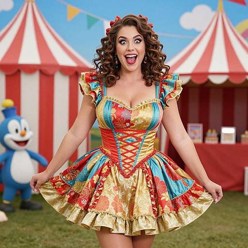 Photograph of a curvy woman with curly brown hair, wearing a colorful, Victorian-style circus dress, smiling widely outdoors with red and white striped tents