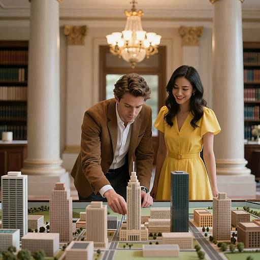 Man and Woman Examining Architectural Model in Luxurious Room