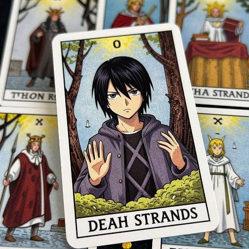 Digital illustration of a black-haired, androgynous character with a serious expression, wearing a purple hooded cloak, as the 