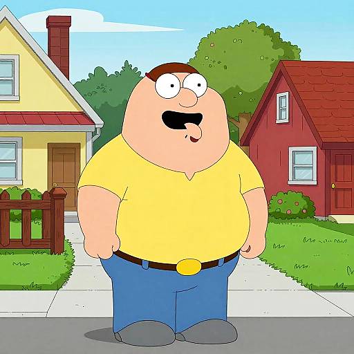 Cartoon of a chubby, bald man in a yellow shirt and blue pants standing on a suburban sidewalk between a yellow and red house. Bright, colorful
