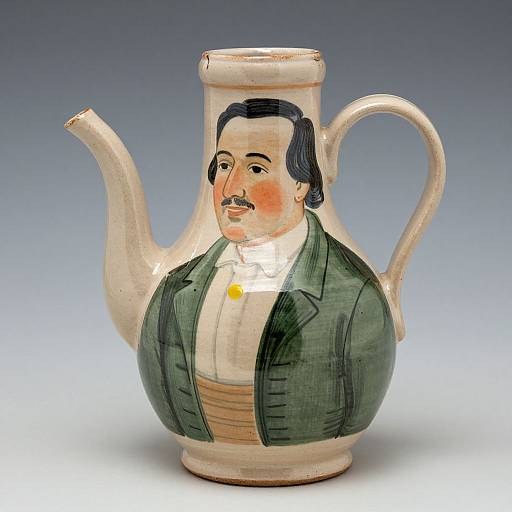 Hand-painted ceramic teapot with a caricatured man in a green suit and mustache, featuring a spout and handle, set against a
