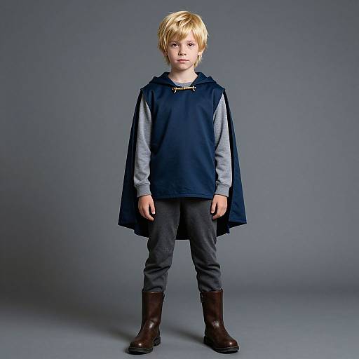 Photograph of a young blonde boy in a blue hooded cape, gray long-sleeve shirt, dark pants, and brown boots, standing against