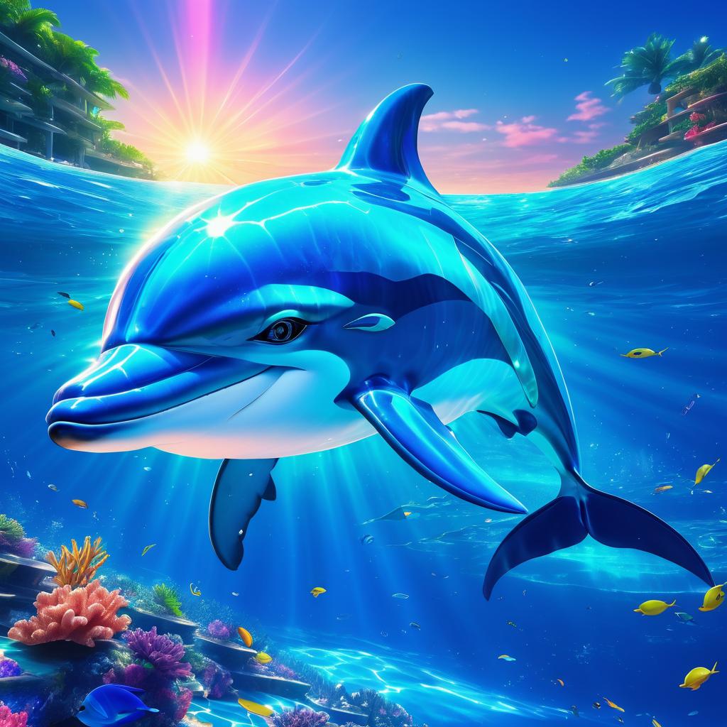 Vibrant Azure Dolphin Portrait in Anime Style