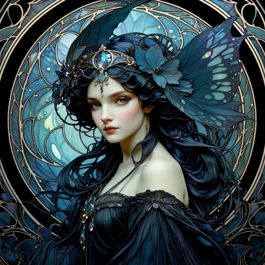 Ethereal Dark Fairy Portrait in Art Nouveau Style