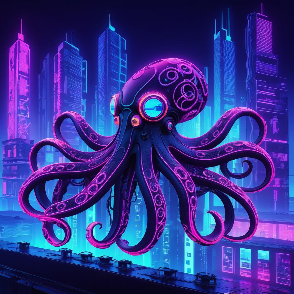 Neon Octopus in Cyberpunk Cityscape