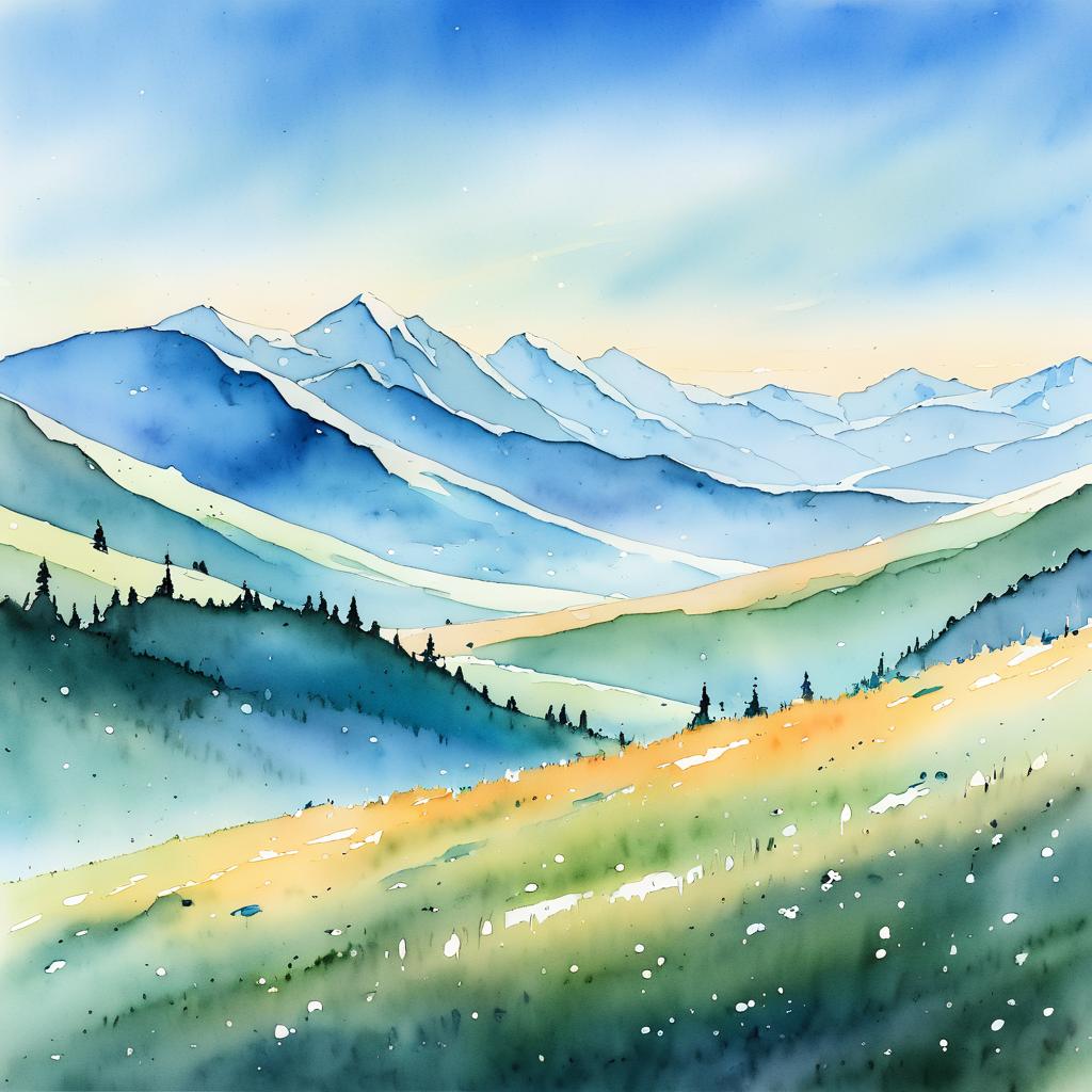 Sunny Alpine Ridge Watercolor Landscape