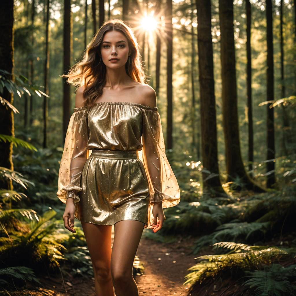 Elegant Fashion Model in Sunlit Forest