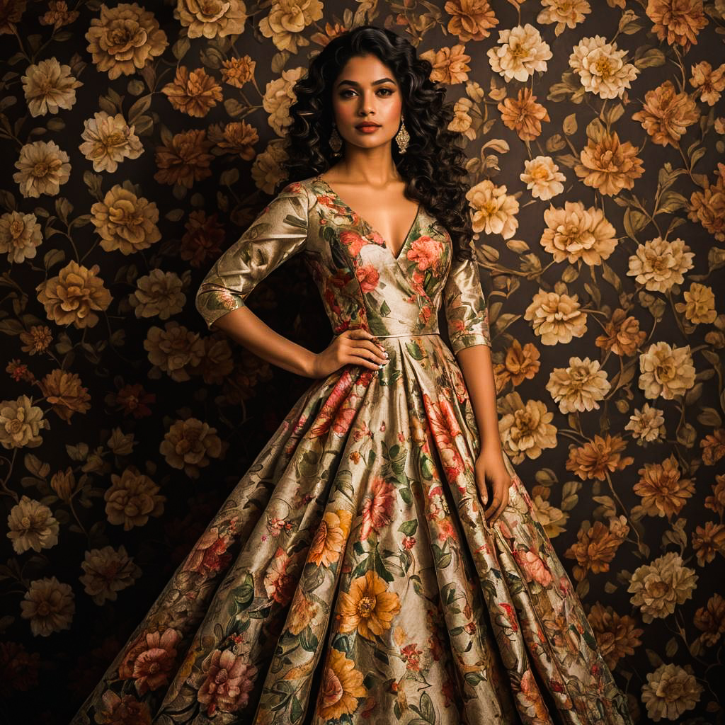 Elegant South Asian Woman in Floral Gown