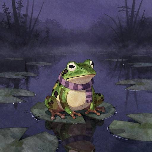 Digital painting of a green frog with large eyes, wearing a purple striped scarf, sitting on a lily pad in a dark, moonlit pond with