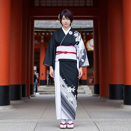 Photograph of an Asian woman in a traditional black and white kimono with red obi, standing in front of a red torii gate.