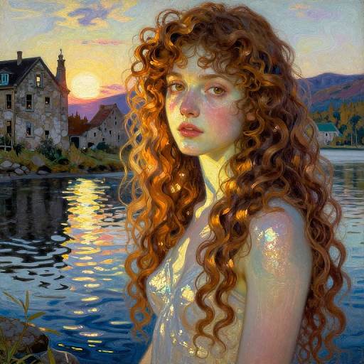 Digital painting of a fair-skinned, red-haired woman with curly hair, gazing at sunset over a reflective lake with stone buildings. Her skin g