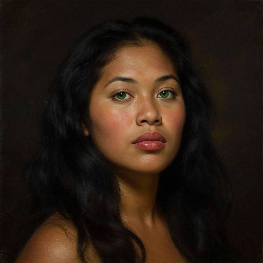 Photograph of a beautiful Asian woman with long black hair, green eyes, and pink lips against a dark background. She gazes forward with a calm