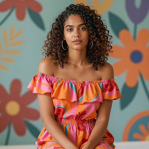 Woman in Bright Off-Shoulder Dress with Curly Hair