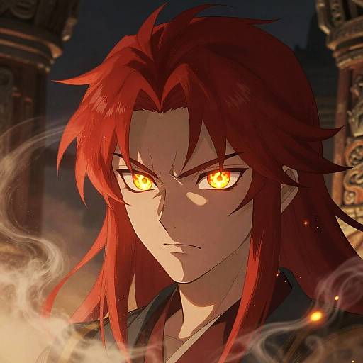 Digital anime-style portrait of a red-haired man with intense yellow eyes, smoky background, and dark, ornate pillars in the background.