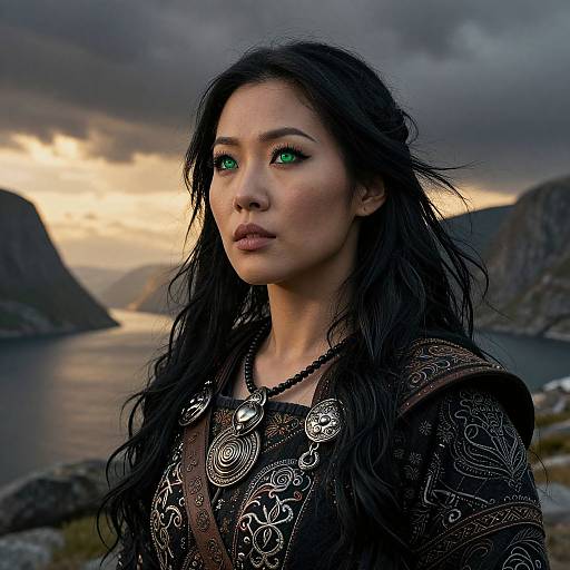 Photorealistic digital artwork of a beautiful, dark-haired woman with green eyes, wearing an ornate black top, set against a cloudy, mountainous
