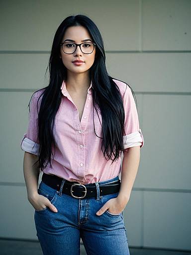 Photograph of a young Asian woman with long black hair, glasses, pink button-up shirt, blue jeans, black belt, and hands in pockets,