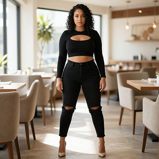 Confident Woman in Sunlit Modern Restaurant