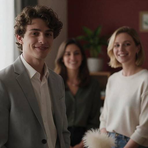Photograph of three young adults smiling in a warmly lit room; curly-haired man in light gray suit, blonde woman in white sweater, brunette woman in