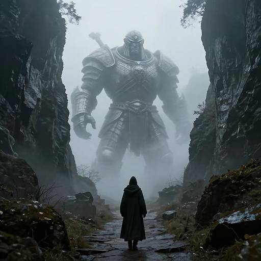 Digital artwork of a hooded figure facing a massive, armored, glowing monster in a misty, rocky canyon with towering cliffs.