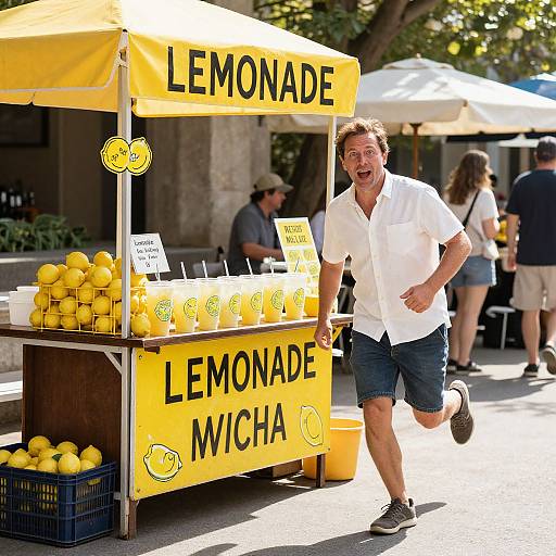 Photograph of a smiling man in a white shirt and denim shorts running past a yellow lemonade stand with 