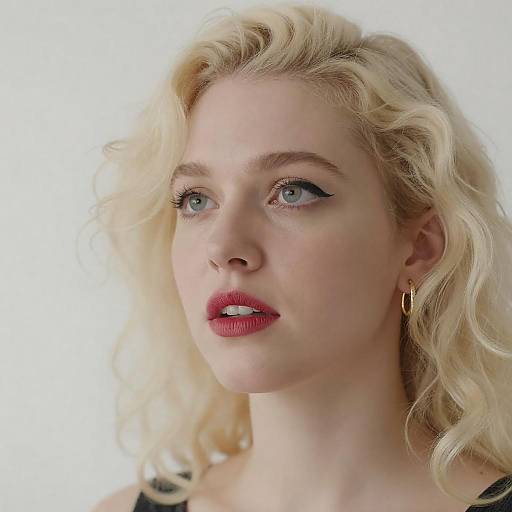 Blonde Woman with Curly Hair and Red Lipstick