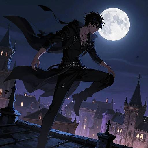 Anime-style drawing of a dark-haired, brooding male character in a long coat, mid-leap, against a bright full moon, Gothic castle backdrop
