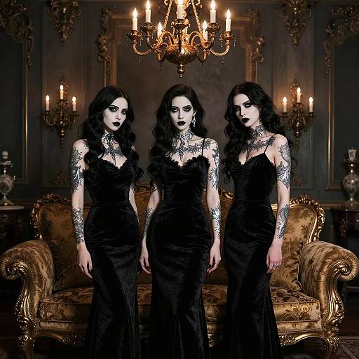 Three gothic women with black lace dresses, tattoos, and dark makeup stand in an opulent, candlelit room with a gold chandelier.