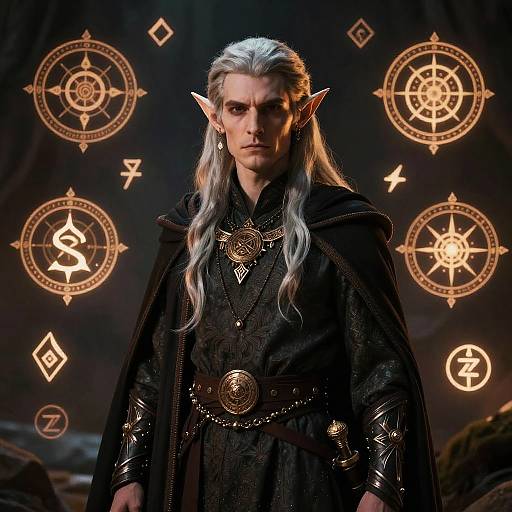 Photorealistic digital artwork of a stern, silver-haired elven mage with pointed ears, wearing a black, ornate robe, surrounded by glowing magical
