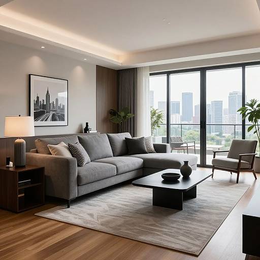 Modern living room photograph: gray sofa, black table, white lamp, cityscape painting, large windows, cityscape view, wooden floor, gray rug