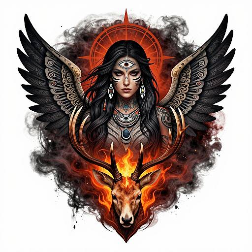 Digital art of a dark-haired, winged goddess with intricate jewelry, red halo, and fierce deer head with flames, set against smoky background.