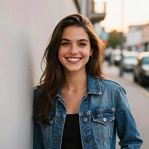 Smiling young woman in denim jacket outdoors