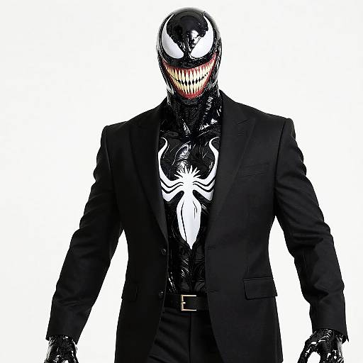 Photograph of Venom in a black suit, white spider emblem on chest, black mask with white eyes and red teeth, white background.
