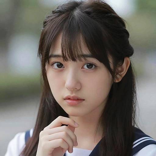 Close-up photograph of an Asian teenage girl with long black hair, bangs, and a sailor-style school uniform, looking directly at the camera with a