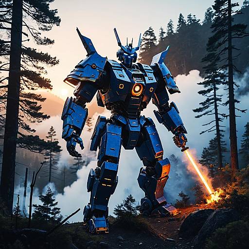 Giant Samurai Robot in Mountainous Forest