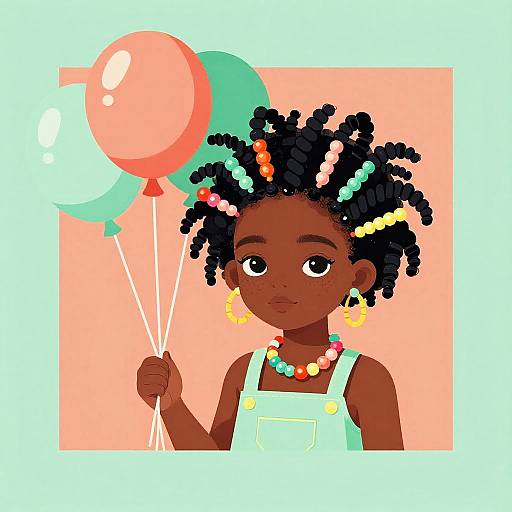 Afrofuturism Child Girl with Colorful Beads and Balloons