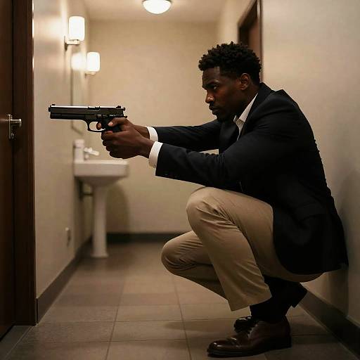 Man aiming gun in hallway