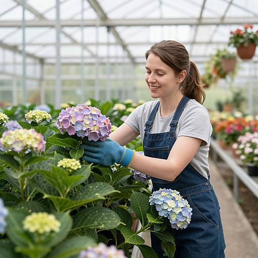 Happy Gardener Tending Vibrant Hydrangeas