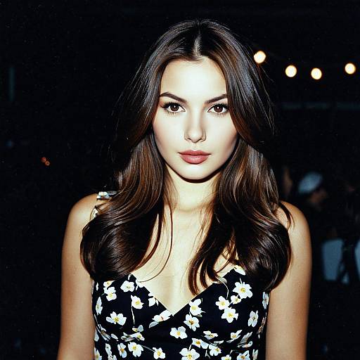 Young woman in floral dress at night