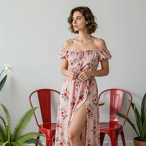 Woman in Pink Floral Off-Shoulder Dress