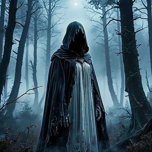 Faceless Hooded Figure in Foggy Forest