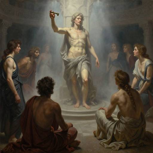Baroque-style painting of a muscular, shirtless man with a draped cloth, holding a small cup, standing in a misty, circular, ancient