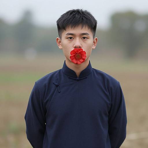 Photograph of an Asian man with black hair, wearing a dark blue traditional Chinese tunic, holding a red flower in his mouth, standing in a